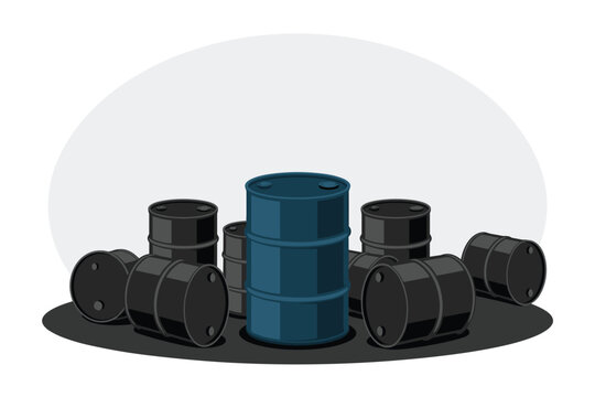 Group of black oil barrels with one central blue barrel on grey background, petroleum concept