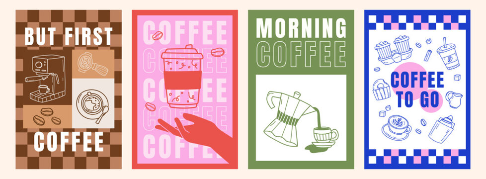 Modern coffee poster set hand drawn colorful cafe wall art collection vector illustration