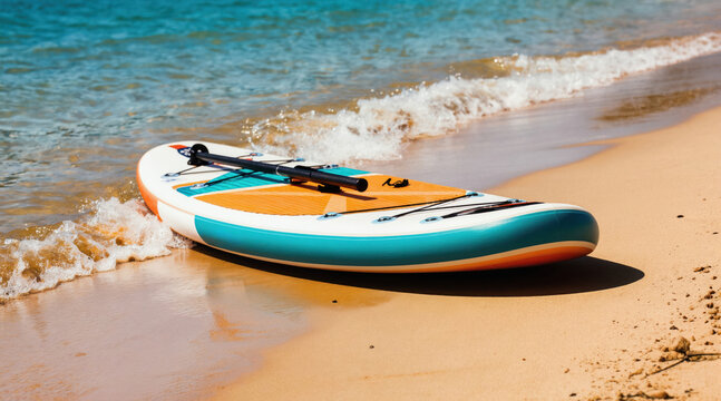 Bright inflatable stand up paddle board rests on sandy beach. Gentle waves lap shore. Paddleboard waits for user on sunny coast. Water sport equipment ready for fun.