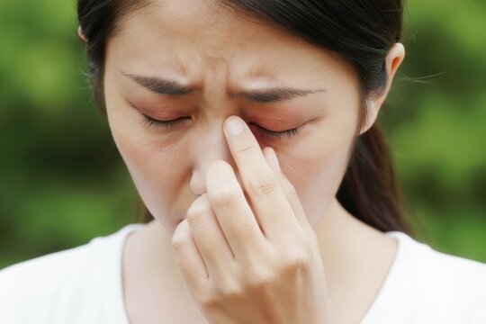 Young Asian woman rubs her itchy, irritated eye. She looks uncomfortable and has redness around her eye. Her face shows discomfort and pain. She might have allergies or an infection.