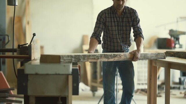 Carpenter planing a large wooden plank in his workshop