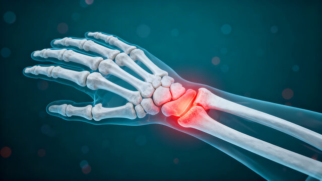 Close-up of a human wrist skeleton with inflamed joint highlighted in red, isolated on transparent background