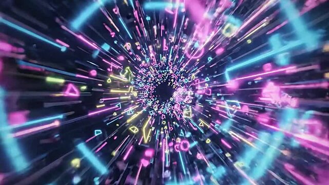 Neon shapes explode in radiant, swirling bursts