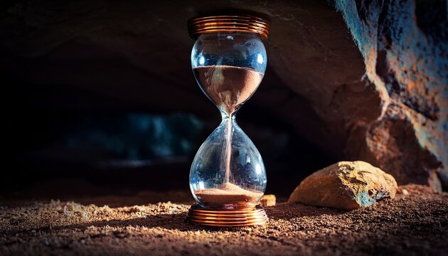 dramatic cracked vintage hourglass with flowing sand sitting inside a dark mysterious cave symbolizing mortality and time running out