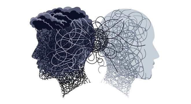 Silhouettes of two women with tangled hair facing each other