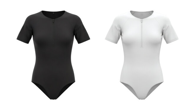 Two realistic 3d models of women's short sleeve rash guard swimsuits one black and one white shown side by side&nbsp;