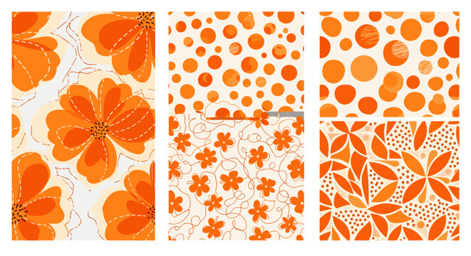 Set of four floral and geometric patterns in orange