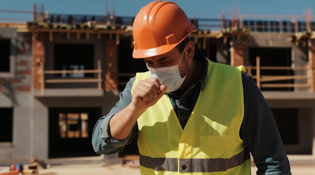 Construction worker coughs wearing mask and safety vest at building site. Man feels unwell outdoors. Safety concept. Sickness and contagion.