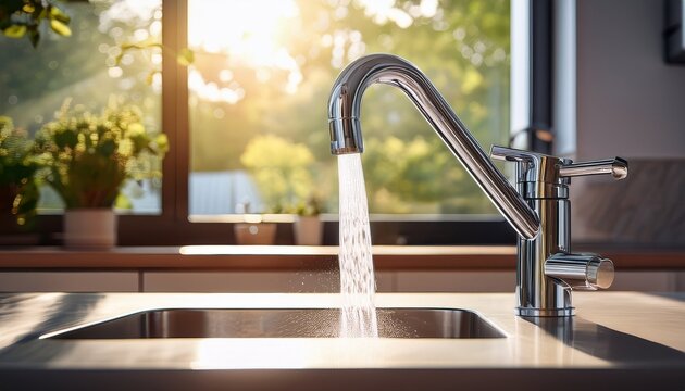 close up of modern chrome kitchen faucet with running water stream over sink bright natural light coming from window in background
