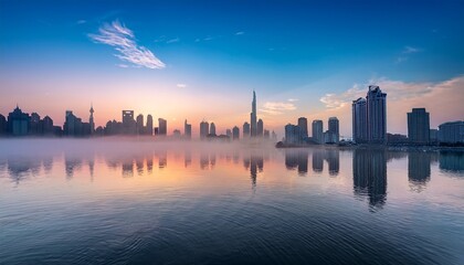 Fototapeta premium a serene city skyline reflected in calm water enveloped in misty ambiance at dawn creating a tranquil urban landscape