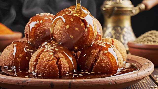 Delicious Sweet Fried Dough Balls Drizzled with Honey and Sesame Seeds.