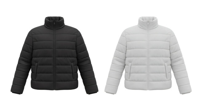 Two modern quilted puffer jackets one black and one white shown side by side as essential winter outerwear apparel&nbsp;