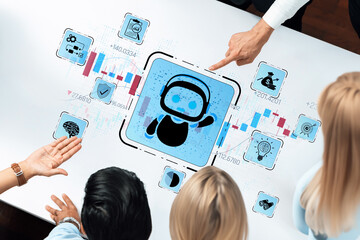 Fototapeta premium Group of People Analyzing Digital Financial Data with Chatbot Icon on Abstract Touchscreen Interface in Modern Office Sigmoid
