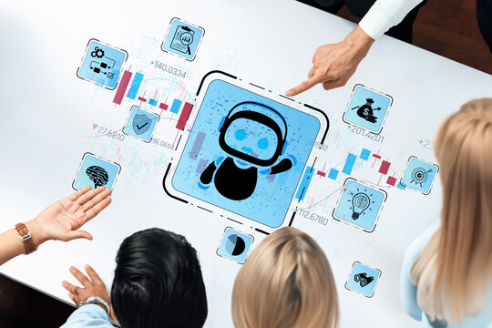 Group of People Analyzing Digital Financial Data with Chatbot Icon on Abstract Touchscreen Interface in Modern Office Sigmoid