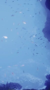 A mesmerizing underwater world comes alive with countless small fish darting around in clear blue water. Sunlight dances on the surface, creating a magical atmosphere.