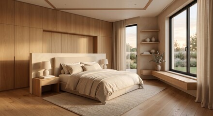Fototapeta premium A serene and modern bedroom with a large bed and wooden paneling in a natural color scheme