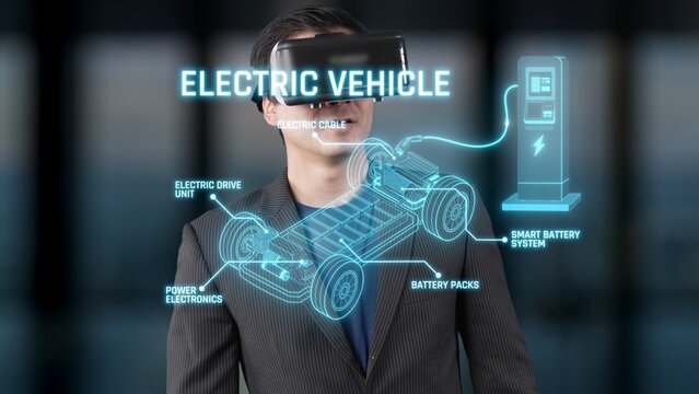 This image features a person using virtual reality goggles, exploring the intricate details of electric vehicle technology, including components and charging solutions. Raster