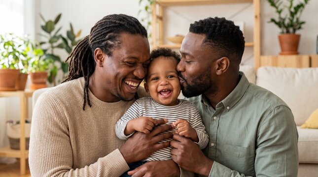 Happy black gay dads embracing and kissing their baby son