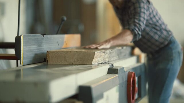 Carpenter planing a wooden plank in a workshop