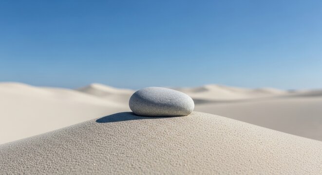 Smooth Stone on Desert Dune Under Blue Sky