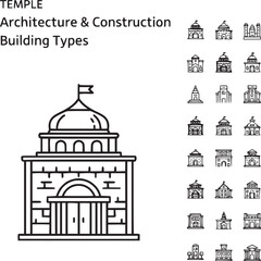 Fototapeta premium Temple architecture and construction building types, set of 25 thin line icons, religious and historic landmark vector illustrations