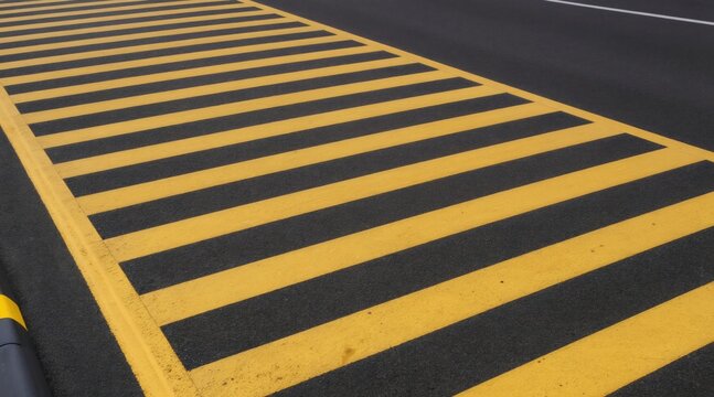 Bright yellow diagonal stripes mark a paved road surface. This clear road marking indicates traffic direction or zone. Asphalt surface shows textured paint lines.