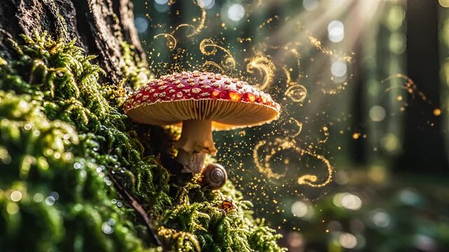Magical Forest Mushroom with Swirling Energy and Blue Butterfly.