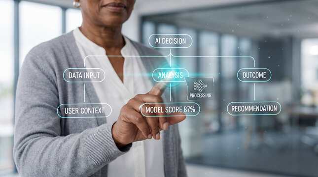 Senior black businesswoman touching holographic explainable AI interface to analyze decision making process, data input and outcome recommendations