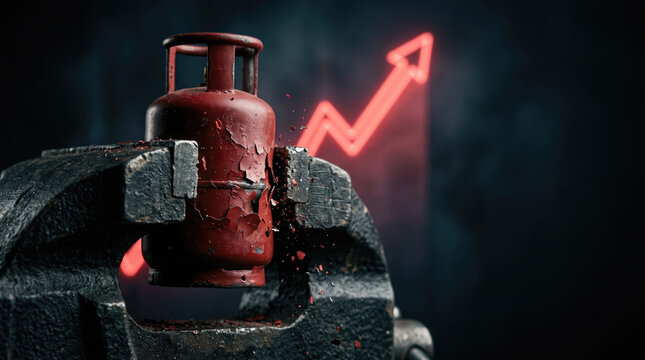 Gas Cylinder Crushed in Vise Showing Fuel Price Inflation and Market Pressure