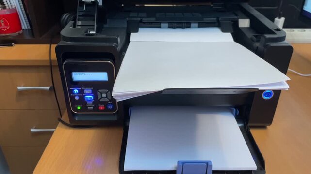 Closeup printer ejecting final sheet as paper slides into output, control buttons flash, small business owner collects invoices, relief after highvolume print job, warm office lighting