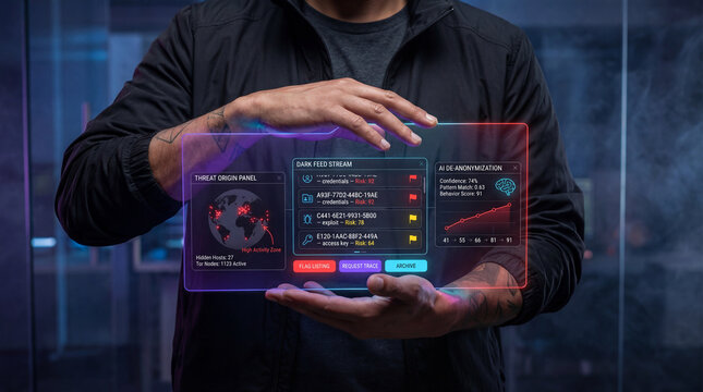Cybersecurity analyst using holographic AI interface for dark web monitoring, de-anonymization and threat intelligence of hidden hosts and TOR nodes