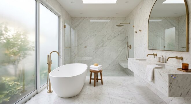 A luxurious modern bathroom with a freestanding bathtub and double sink vanity in white marble with gold fixtures