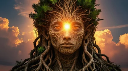 Papier peint photo Chambre de fille Human face formed by tree roots and branches, with glowing third eye. Nature spirit or ancient deity, symbolic of growth and connection to earth.  © Maryna