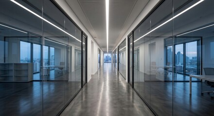 Fototapeta premium A long modern office hallway with glass walls and a city skyline view at the end of the corridor