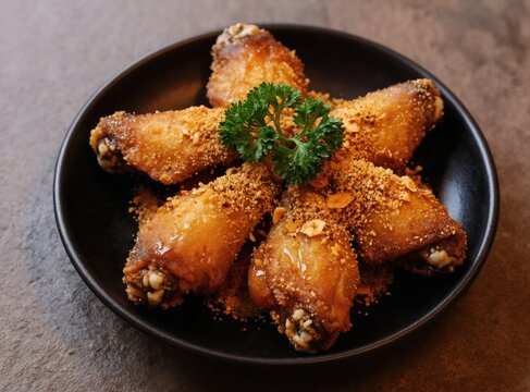 Crispy chicken mid joint wings with prawn paste are served on black plate. Garnished with parsley and crushed nuts, this delicious poultry dish looks appetizing.