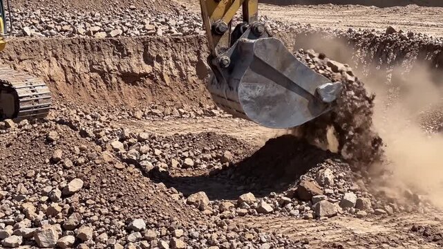 Excavator bucket dumping rocks and soil at construction site: heavy machinery earthmoving operation digging