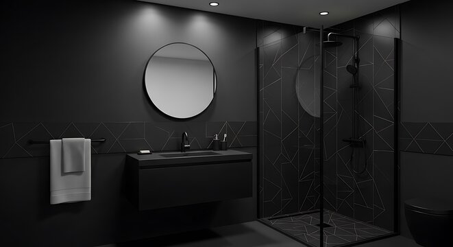 A luxurious and minimalist all-black modern bathroom features a sleek round mirror above a floating vanity, with a spacious walk-in shower showcasing elegant geometric tile patterns and subtle spotlig