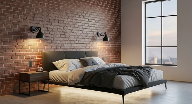 A cozy industrial-style bedroom boasts a prominent exposed brick wall, a comfortable bed with neutral bedding, and dark bedside tables illuminated by warm wall sconces, all contributing to a relaxed y