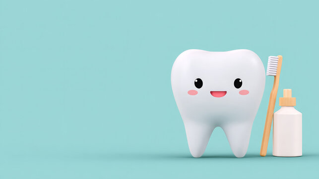 Cartoon tooth character with a smiling face stands next to a toothbrush and a bottle of toothpaste on a light blue background in a playful dental hygiene concept