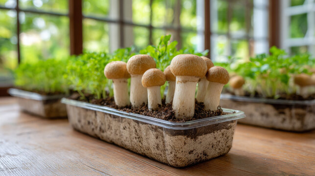Freshly grown mushrooms in a plastic container with soil, surrounded by green herbs on a wooden table near large windows with natural light