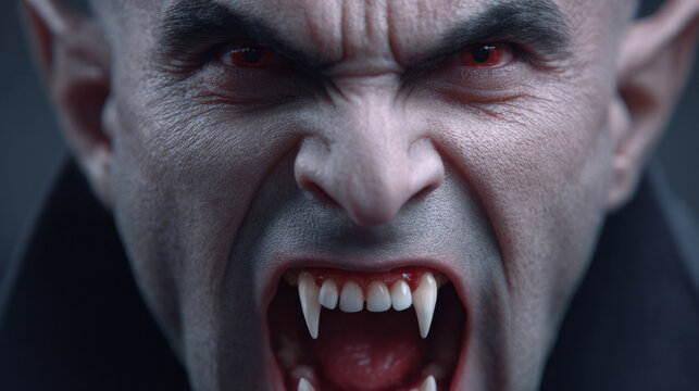 Male vampire with sharp fangs and red eyes, displaying an intense expression, wearing a dark cloak, set against a blurred dark background