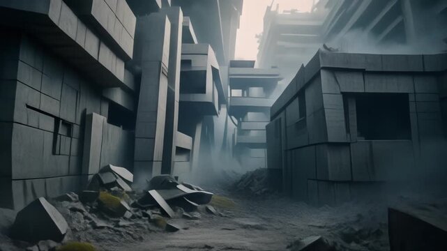 Post-apocalyptic urban landscape with damaged buildings and debris, conveying a sense of desolation and ruin