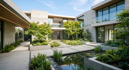 Fototapeta premium A modern multi-story house with a serene courtyard garden and small pond on a sunny day