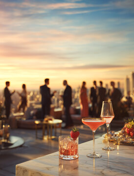 Elegant rooftop bar party at sunset with cocktails on a marble table. People socializing in the background against a blurred city skyline, creating a luxury lifestyle atmosphere