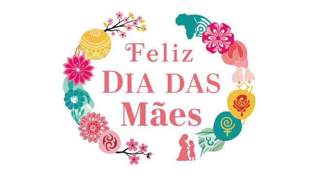 Feliz dia das mes text with floral wreath and mother child silhouette illustration