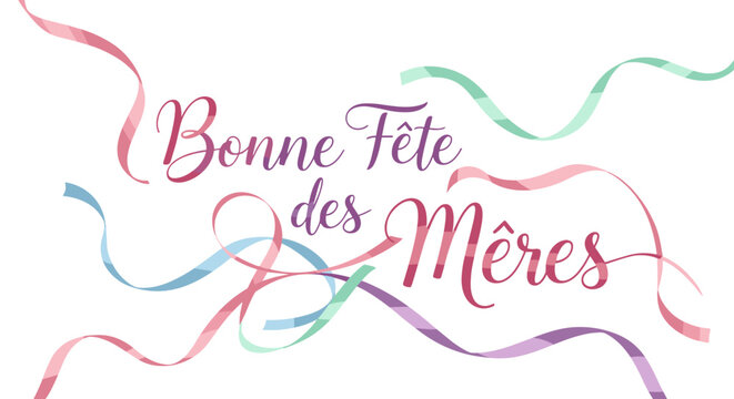 Elegant bonne fete des mres script text with flowing colorful ribbons celebration