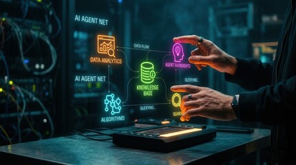 Fototapeta premium AI Agent Net Holographic Interface: Data Analytics, Knowledge Base & Algorithm Integration