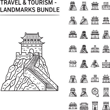 Collection of global travel landmarks icons in flat design for tourism and geography education