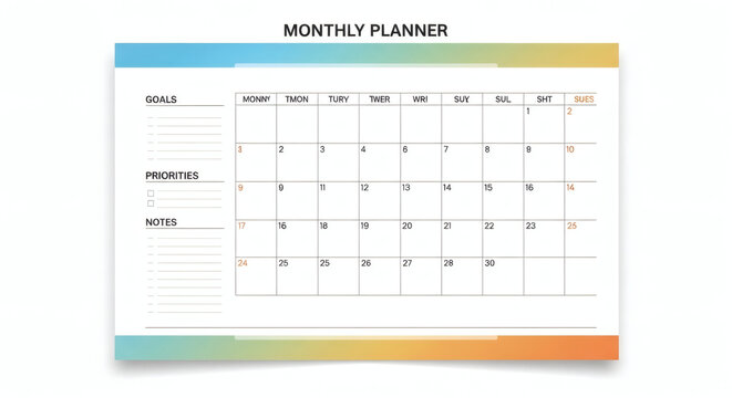 Colorful monthly planner template with notes and priorities sections