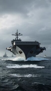 Gray aircraft carrier sailing on dark ocean water with naval fleet in background, wide shot